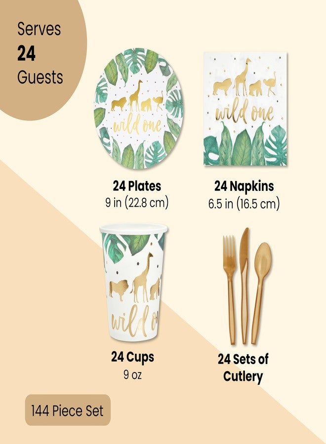 Sparkle and Bash 144-Piece Wild One Safari Party - 9in Paper Plates, 8oz Cups, 6in Flatware & 2-Ply Napkins - Disposable Jungle Tableware & Utensils - Image 2